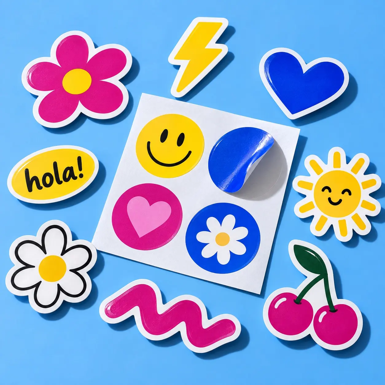 Stickers ilustrativos en colores azul, amarillo y magenta